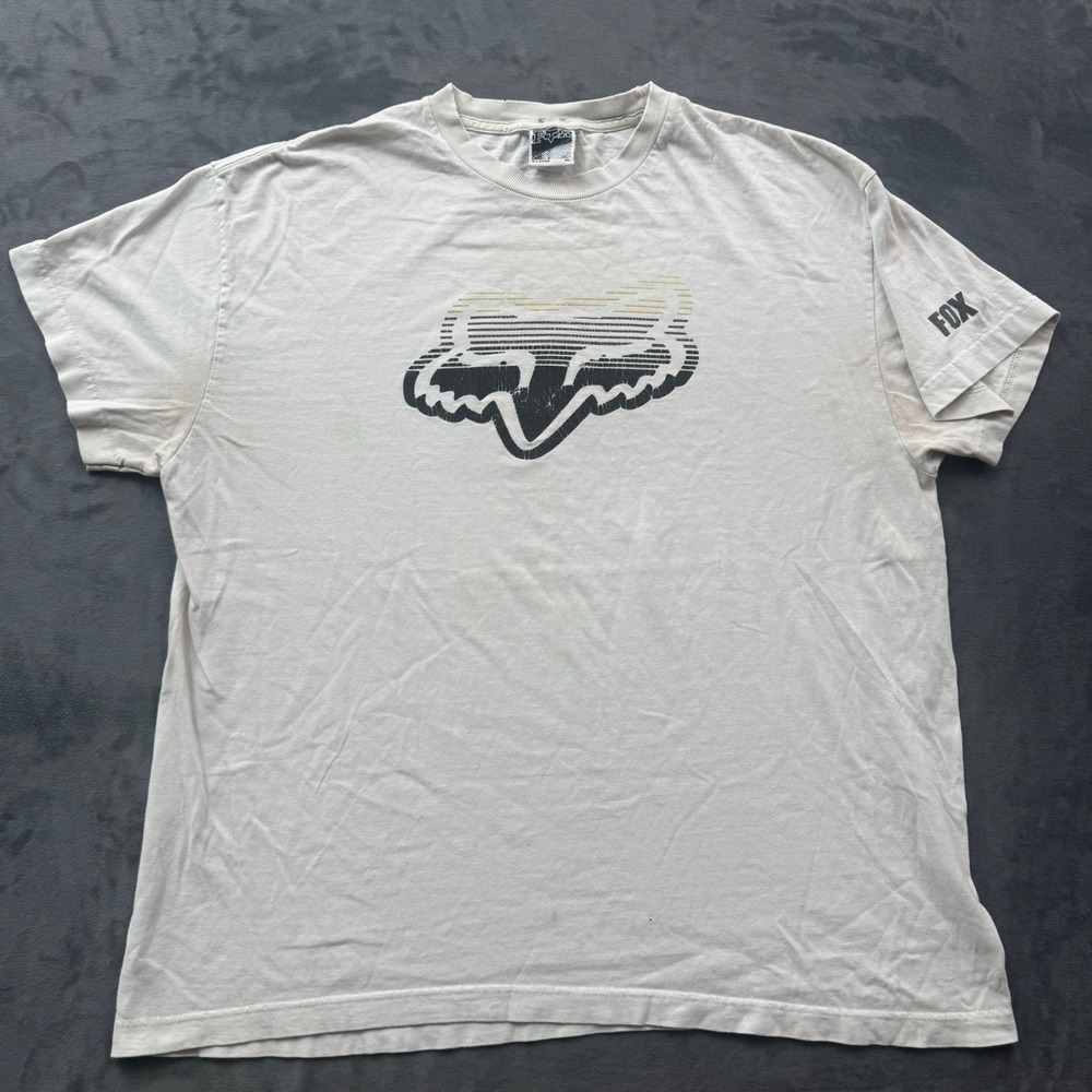 Vintage Fox Racing T Shirt Mens XL Cream Motocross Graphic Logo Distressed Tee